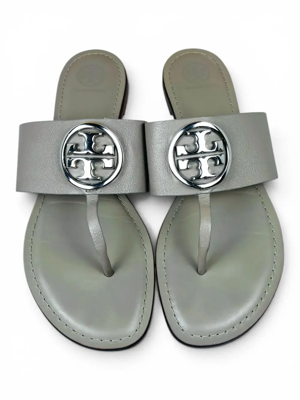 Tory Burch Benton Band Gray Heron Silver Leather Thong Sandals Size 10